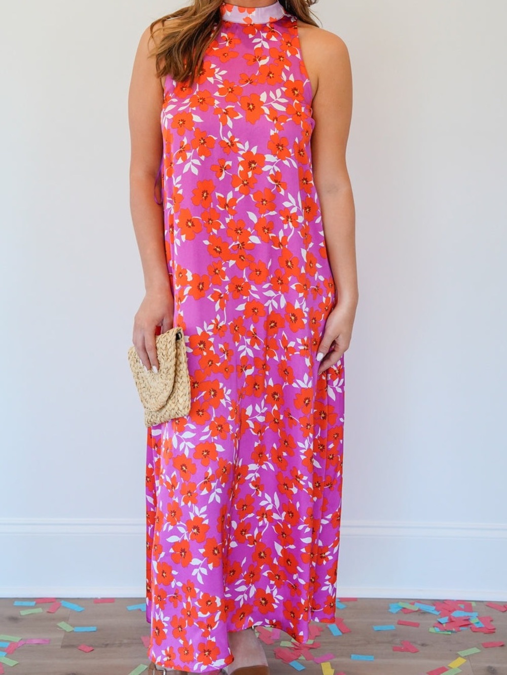 Karlie Pink & Orange Floral Halter Maxi Dress